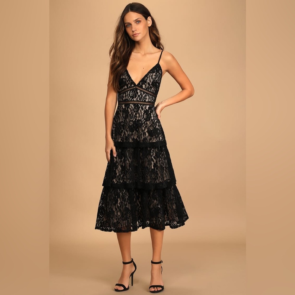 Lulu’s Pass Me the Prosecco Black Velvet Lace Tiered Midi Dress